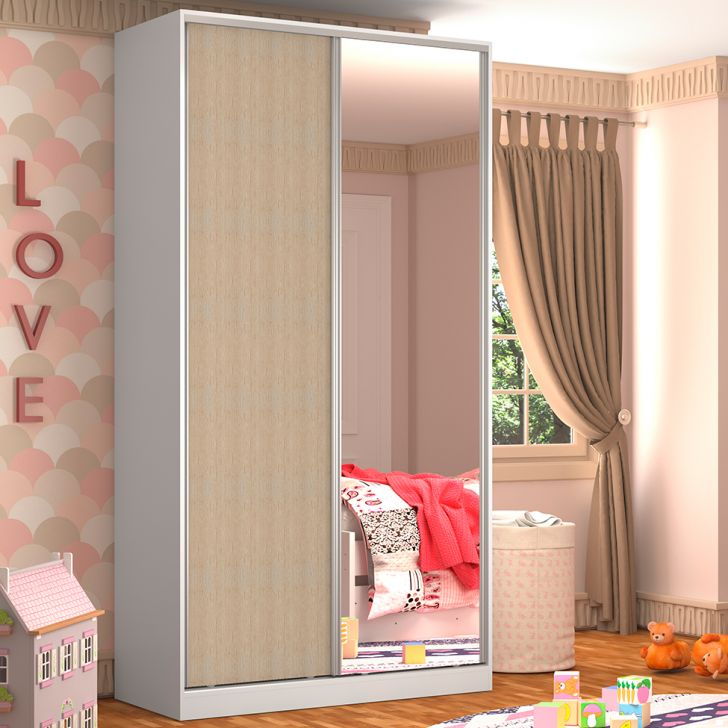 [OUTLET] Guarda-Roupa Solteiro com Espelho Tunas IV 2 PT 3 GV Branco e Noce
