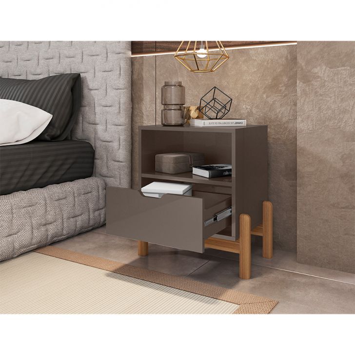 [OUTLET] Mesa de Cabeceira Antares 1 Gaveta Cinza Pérola e Cedro