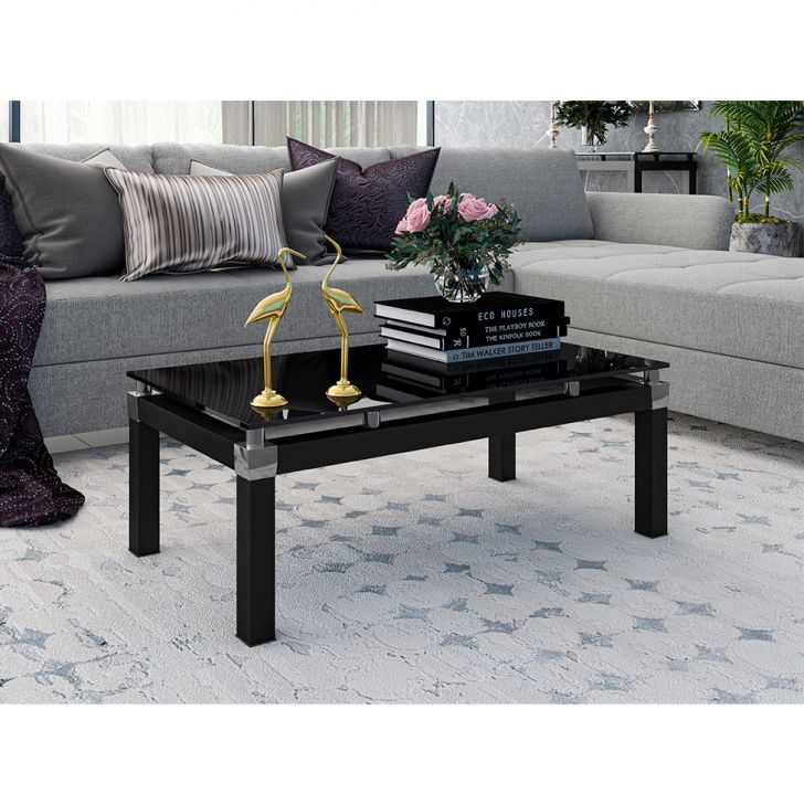 [OUTLET] Mesa de Centro com Tampo de Vidro Retangular Malva Preta
