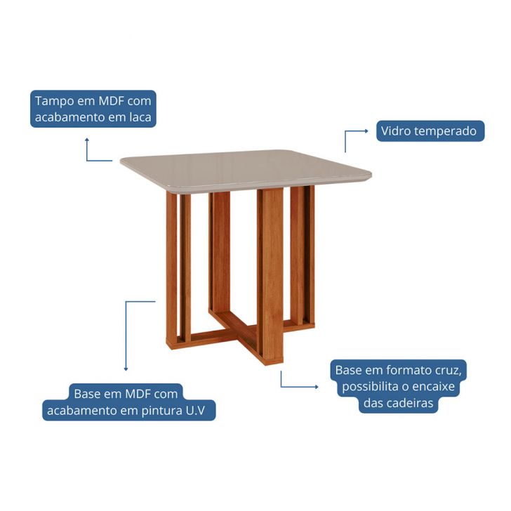 [OUTLET] Mesa de Jantar Quadrada com Tampo de Vidro Flora Cinamomo e Off White 95 cm