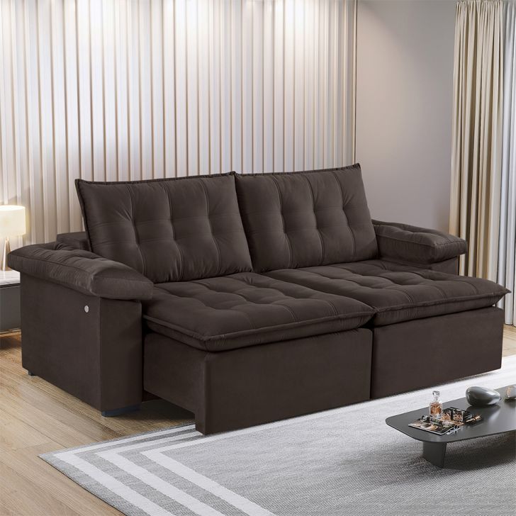 [OUTLET] Sofá 3 Lugares Retrátil Itaguaí Prime com Entrada USB Veludo Marrom Escuro