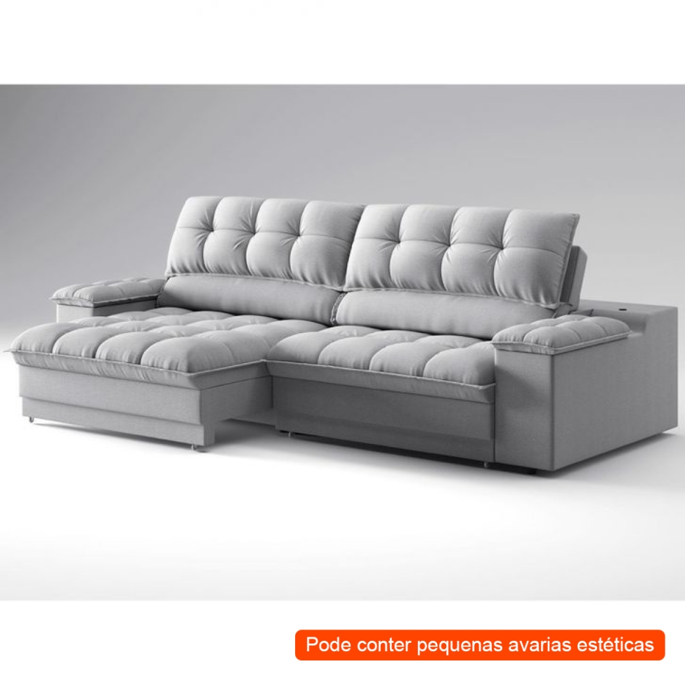 [OUTLET] Sofá 3 Lugares Retrátil e Reclinável Helen com USB e Porta-Copos Linho Prata 230 cm