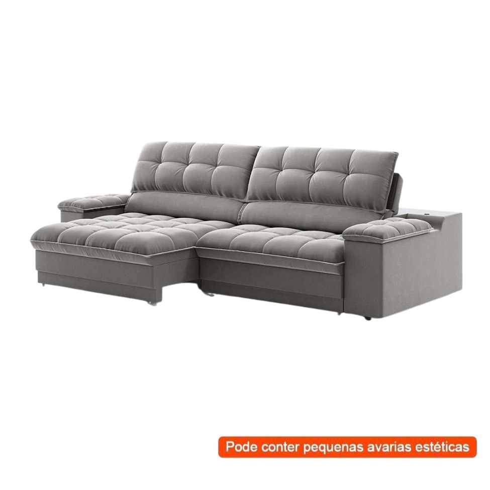 [OUTLET] Sofá 3 Lugares Retrátil e Reclinável Helen com USB e Porta-Copos Veludo Cinza 210 cm