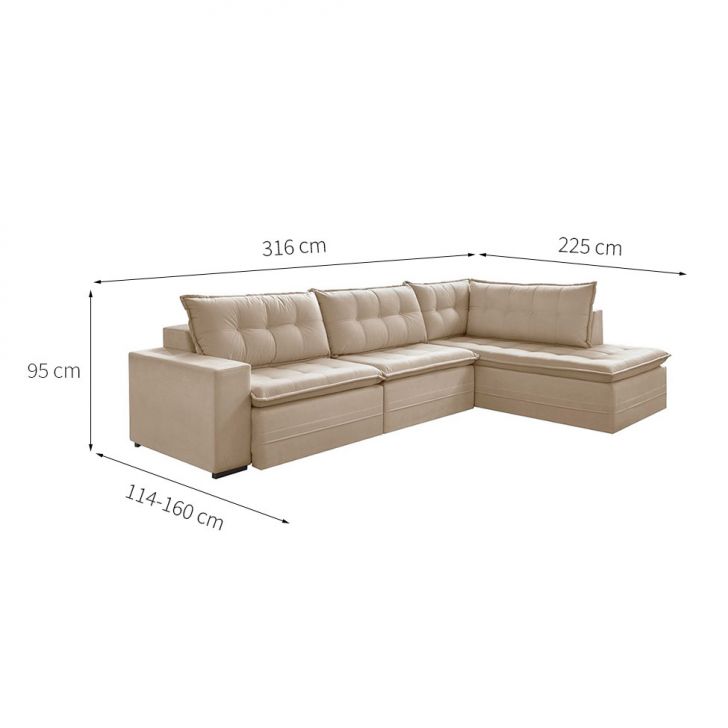[OUTLET] Sofá 5 Lugares Presidente com Chaise Direito Veludo Marfim 316 cm