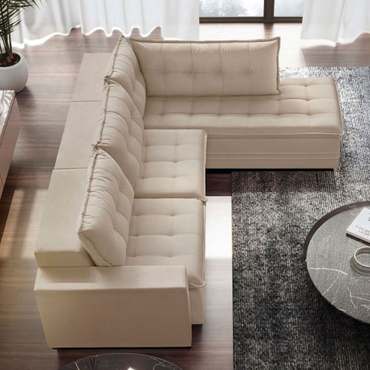 [OUTLET] Sofá 5 Lugares Presidente com Chaise Direito Veludo Marfim 316 cm