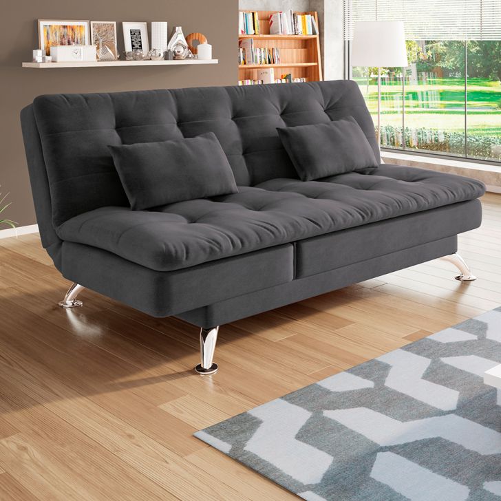 [OUTLET] Sofá-Cama Casal 3 Lugares Amanda Suede com Almofadas Cinza