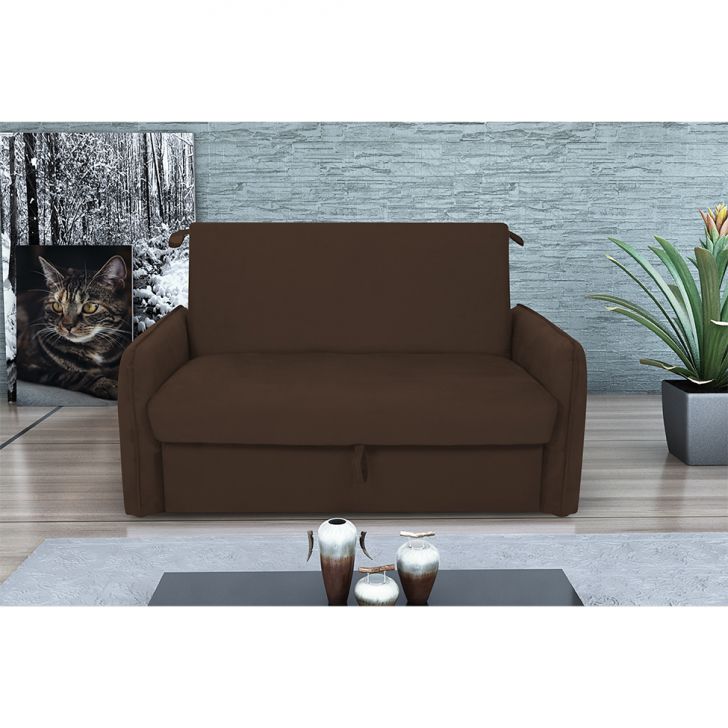 [OUTLET] Sofá-Cama Casal com Baú 2 Lugares Zaia Suede Marrom