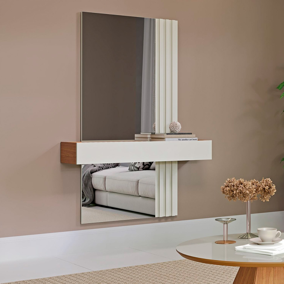 Aparador Suspenso com Espelho Ember 100% MDF 1 Gaveta Off White e Freijó