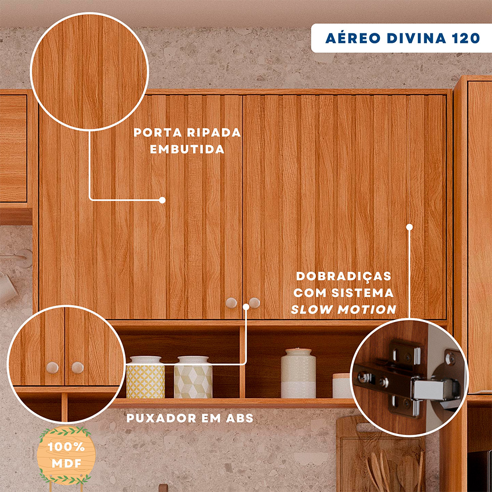 Armário Aéreo Ripado Domus 100% MDF 2 Portas Cinamomo 120 cm