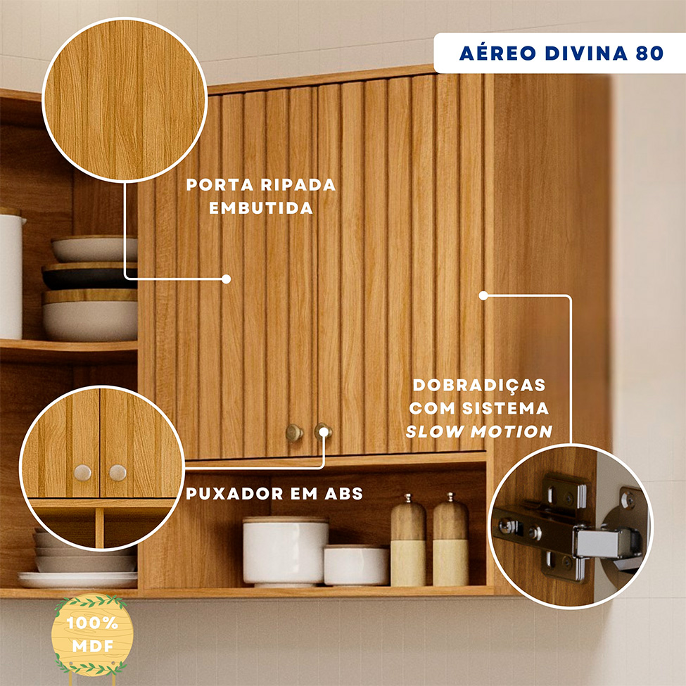 Armário Aéreo Ripado Domus 100% MDF 2 Portas Cinamomo 80 cm