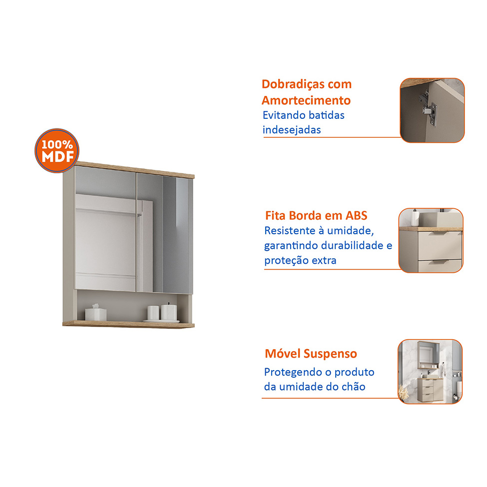 Armário de Banheiro com Espelho 2 Portas Nude e Carvalho