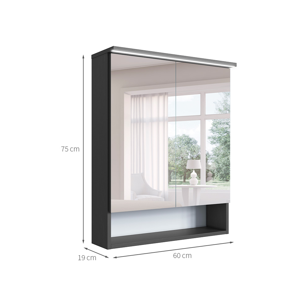 Armário de Banheiro com Espelho e LED Araçá 2 Portas Grafite