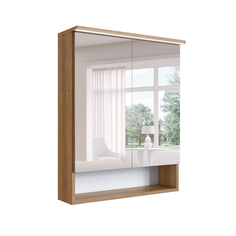 Armário de Banheiro com Espelho e LED Araçá 2 Portas Mel