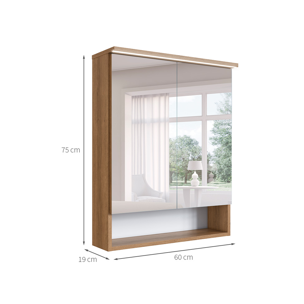 Armário de Banheiro com Espelho e LED Araçá 2 Portas Mel