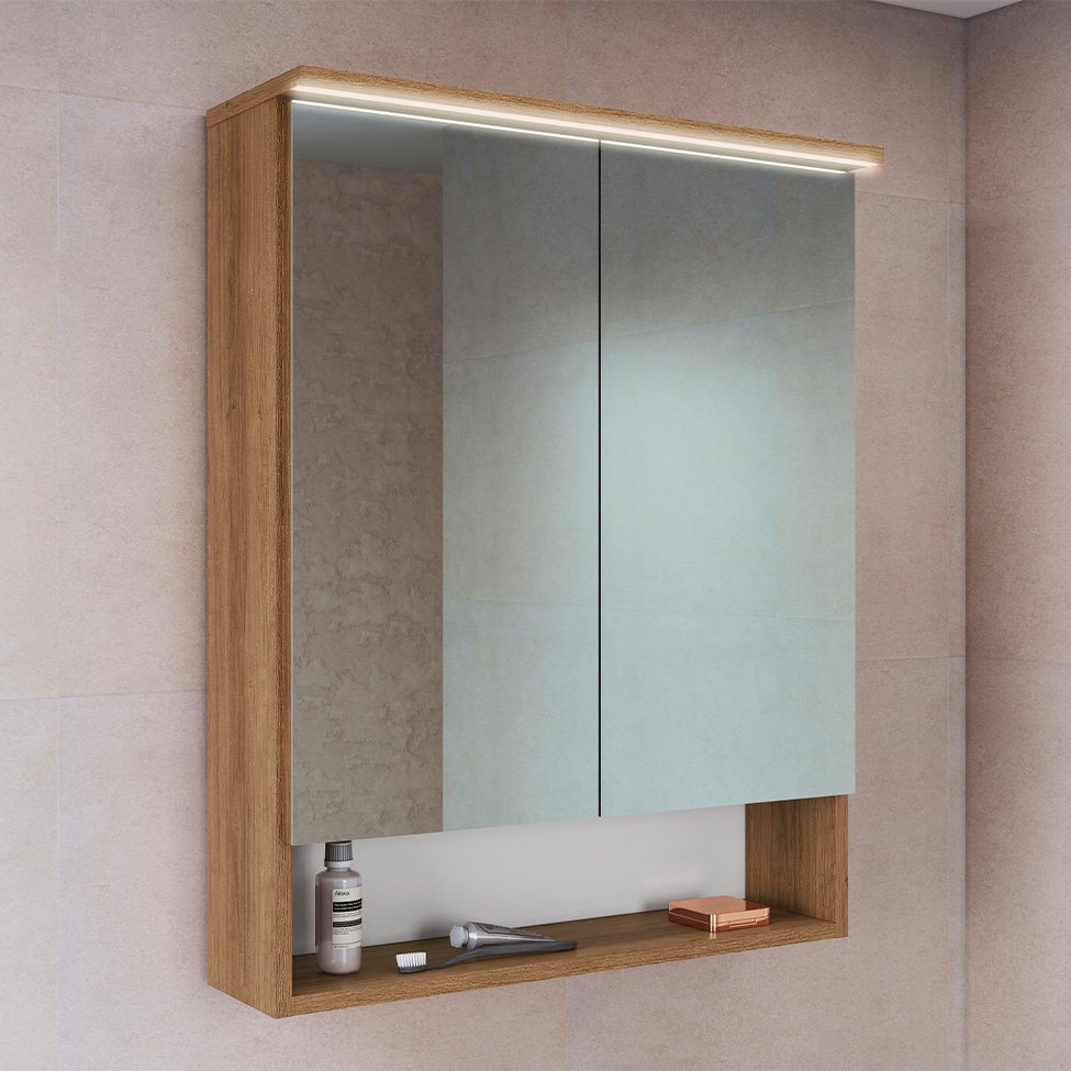 Armário de Banheiro com Espelho e LED Araçá 2 Portas Mel