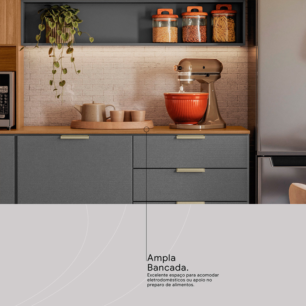 Armário de Cozinha Compacta Alba 8 Portas 2 Gavetas Amêndola e Grafite