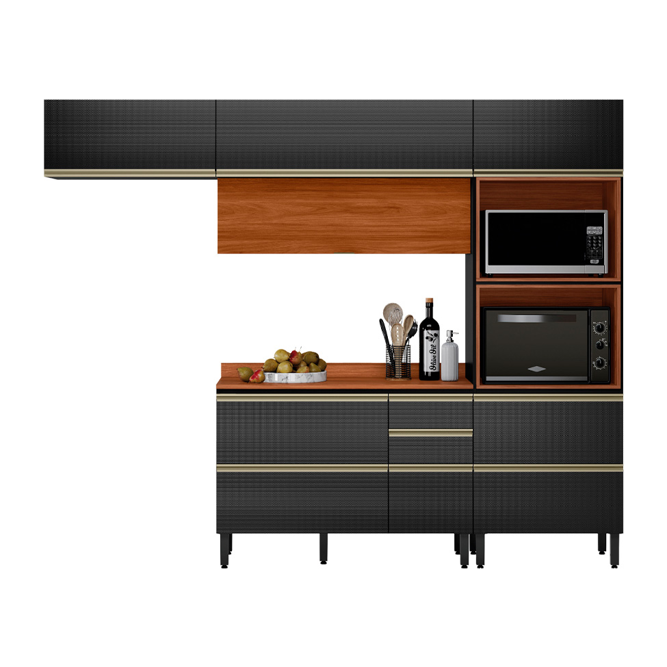 Armário de Cozinha Compacta Proença 6 Portas 5 Gavetas Carbono e Nogueira