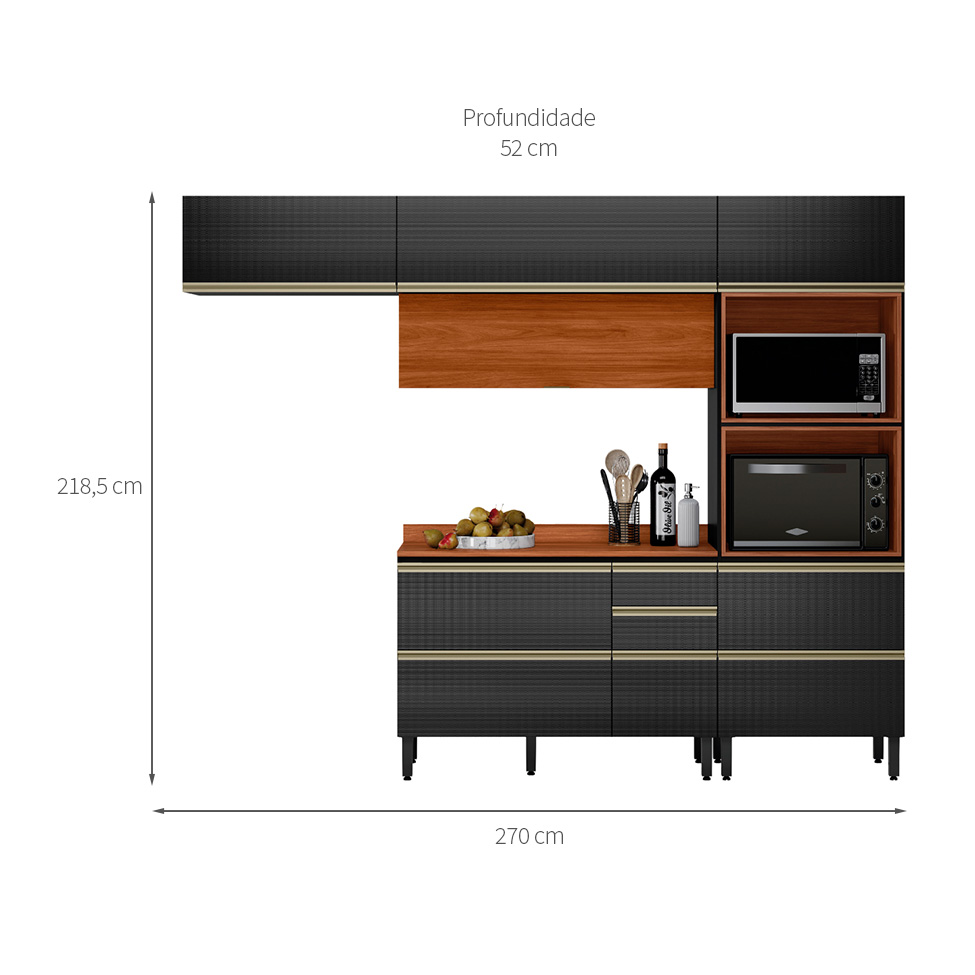 Armário de Cozinha Compacta Proença 6 Portas 5 Gavetas Carbono e Nogueira
