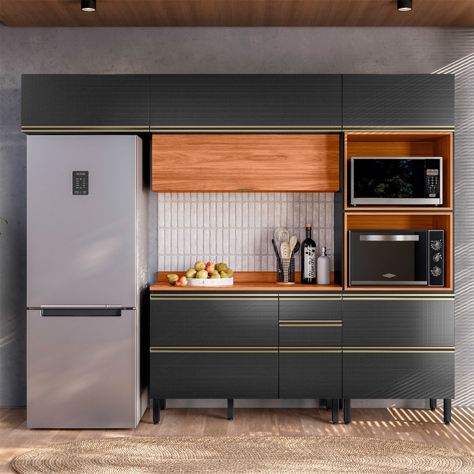 Armário de Cozinha Compacta Proença 6 Portas 5 Gavetas Carbono e Nogueira