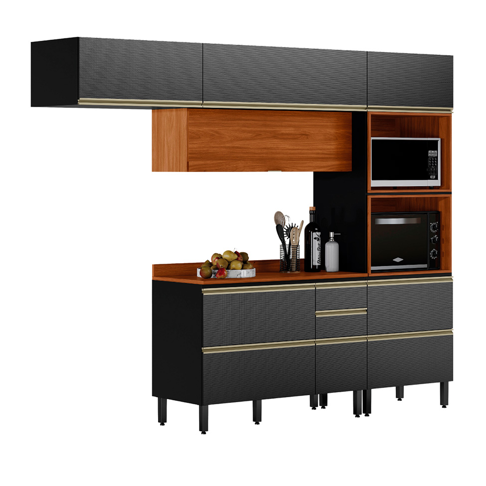 Armário de Cozinha Compacta Proença 6 Portas 5 Gavetas Carbono e Nogueira