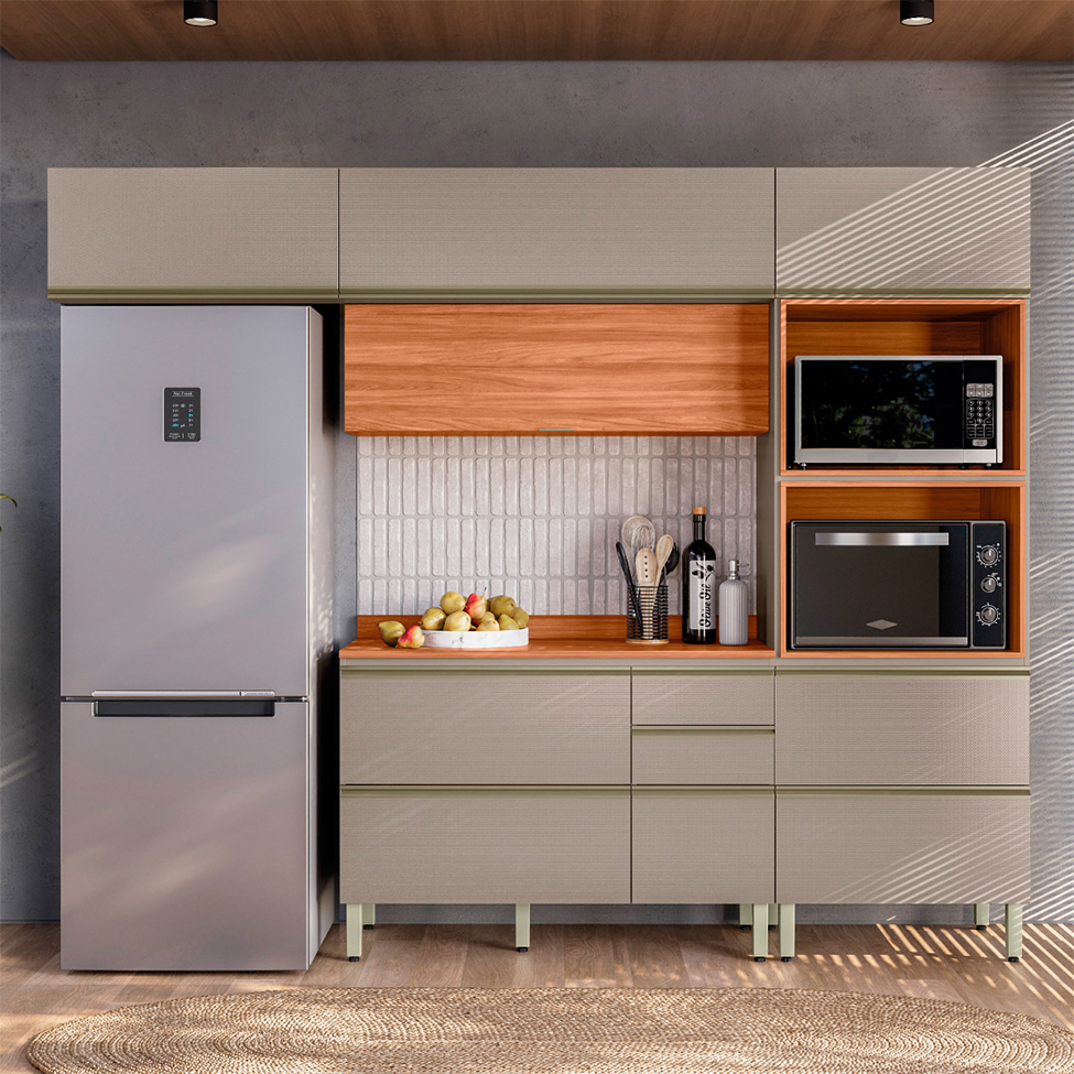 Armário de Cozinha Compacta Proença 6 Portas 5 Gavetas Nude e Nogueira