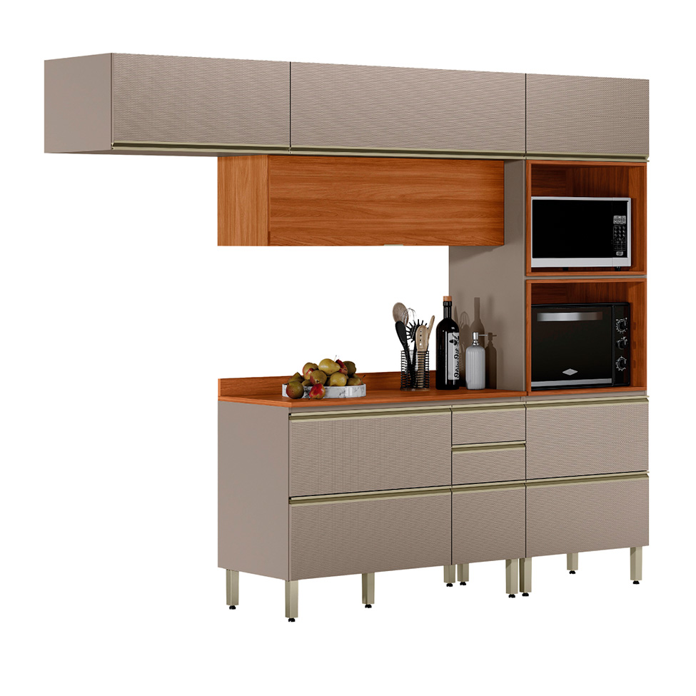 Armário de Cozinha Compacta Proença 6 Portas 5 Gavetas Nude e Nogueira