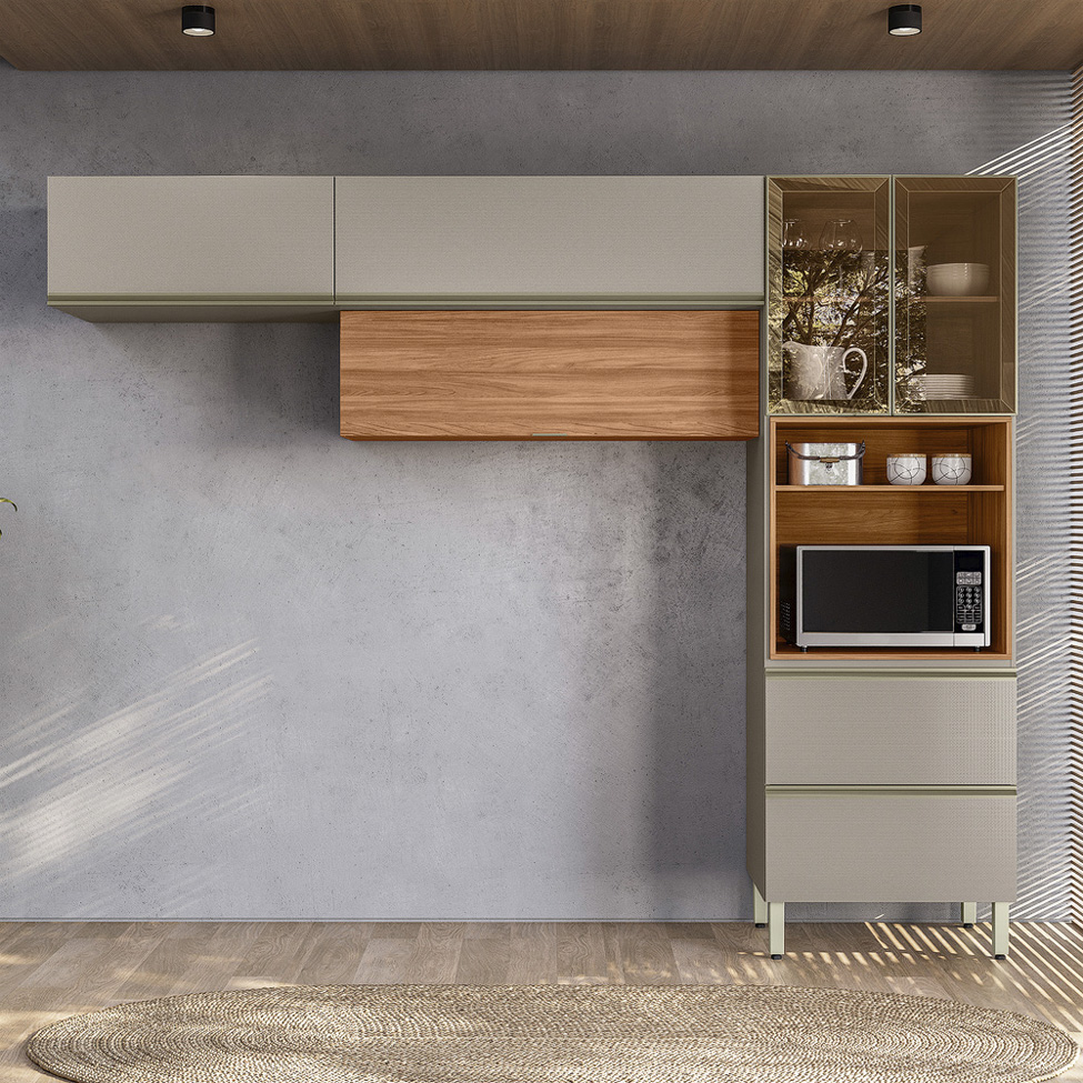 Armário de Cozinha Compacta Proença com 2 Vidros Reflecta 5 Portas 2 Gavetas Nogueira e Nude