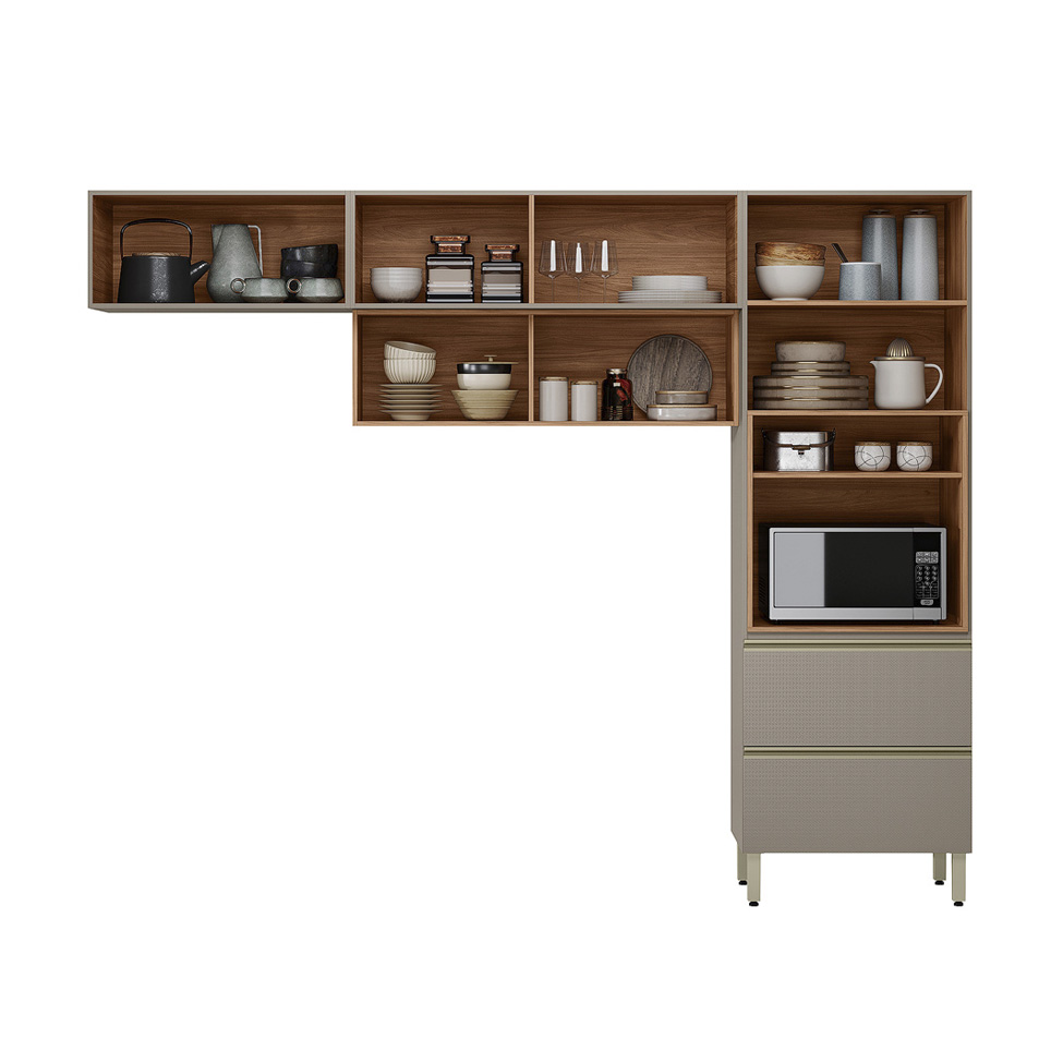 Armário de Cozinha Compacta Proença com 2 Vidros Reflecta 5 Portas 2 Gavetas Nogueira e Nude