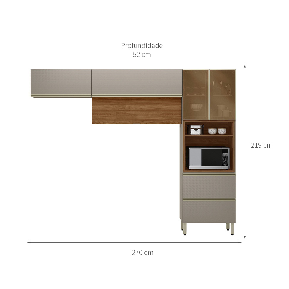 Armário de Cozinha Compacta Proença com 2 Vidros Reflecta 5 Portas 2 Gavetas Nogueira e Nude