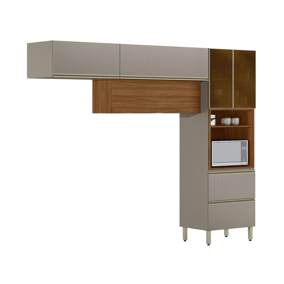 Armário de Cozinha Compacta Proença com 2 Vidros Reflecta 5 Portas 2 Gavetas Nogueira e Nude