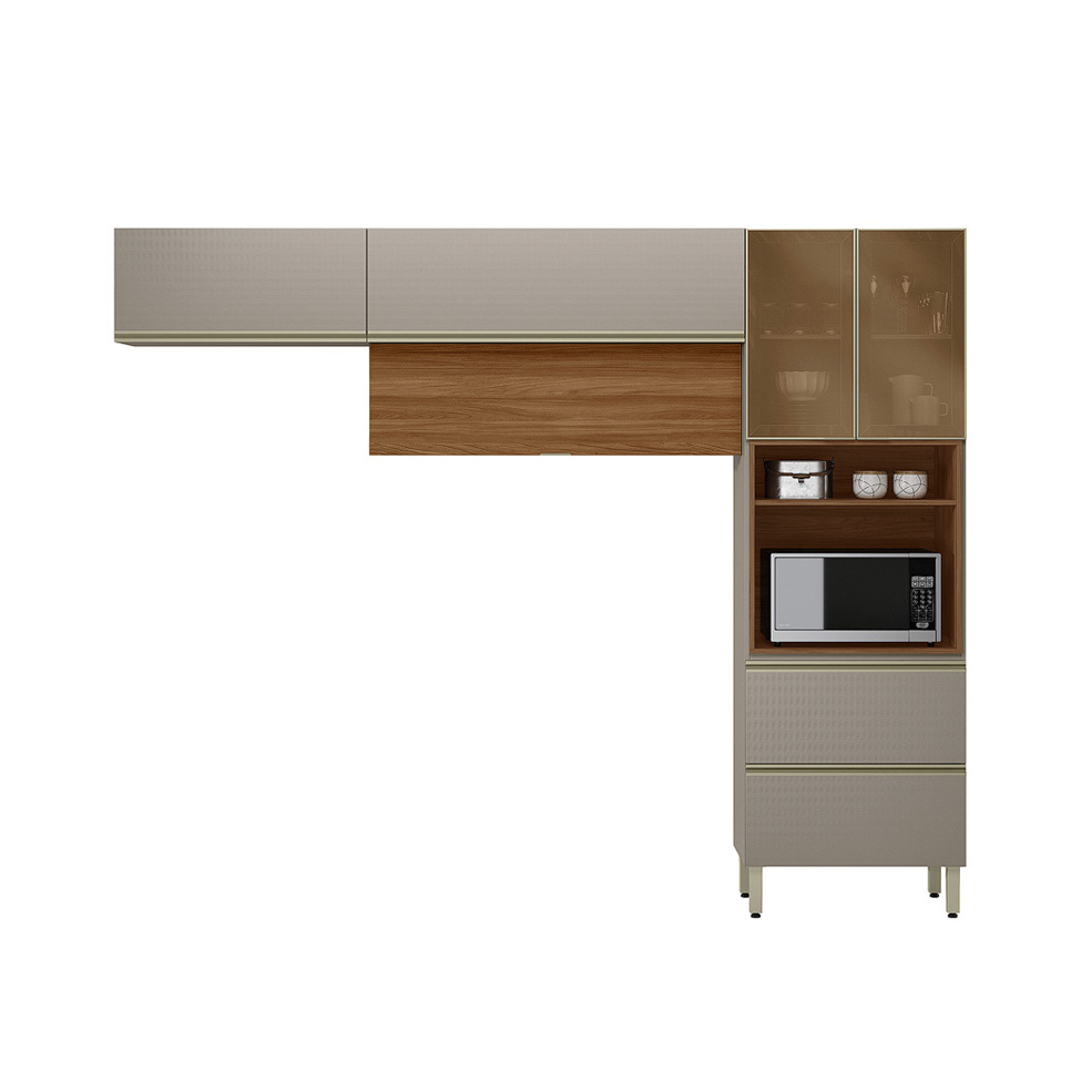 Armário de Cozinha Compacta Proença com 2 Vidros Reflecta 5 Portas 2 Gavetas Nogueira e Nude