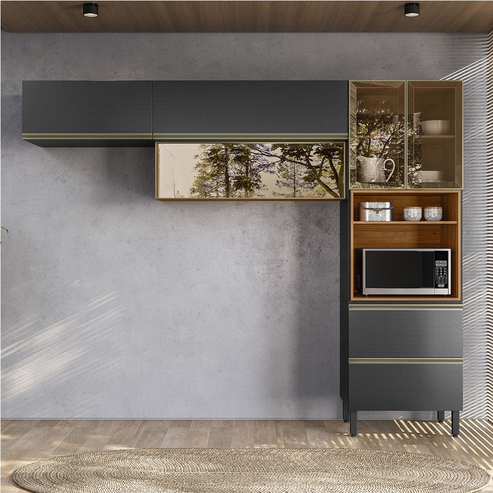 Armário de Cozinha Compacta Proença com Vidro Reflecta 5 Portas 2 Gavetas Nogueira e Carbono