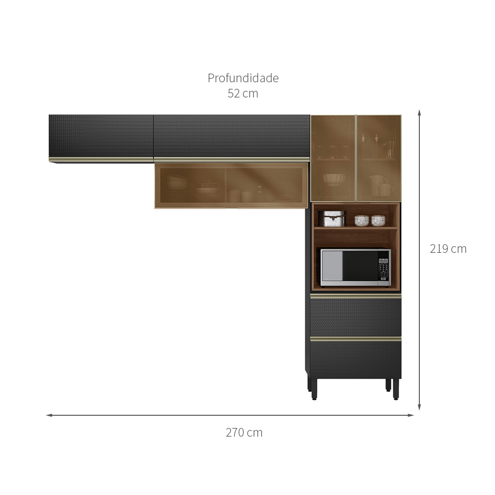Armário de Cozinha Compacta Proença com Vidro Reflecta 5 Portas 2 Gavetas Nogueira e Carbono
