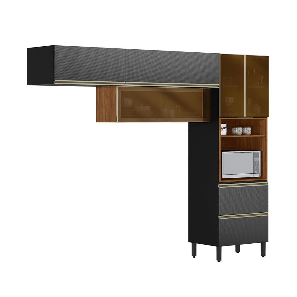 Armário de Cozinha Compacta Proença com Vidro Reflecta 5 Portas 2 Gavetas Nogueira e Carbono