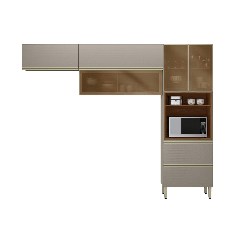 Armário de Cozinha Compacta Proença com Vidro Reflecta 5 Portas 2 Gavetas Nogueira e Nude