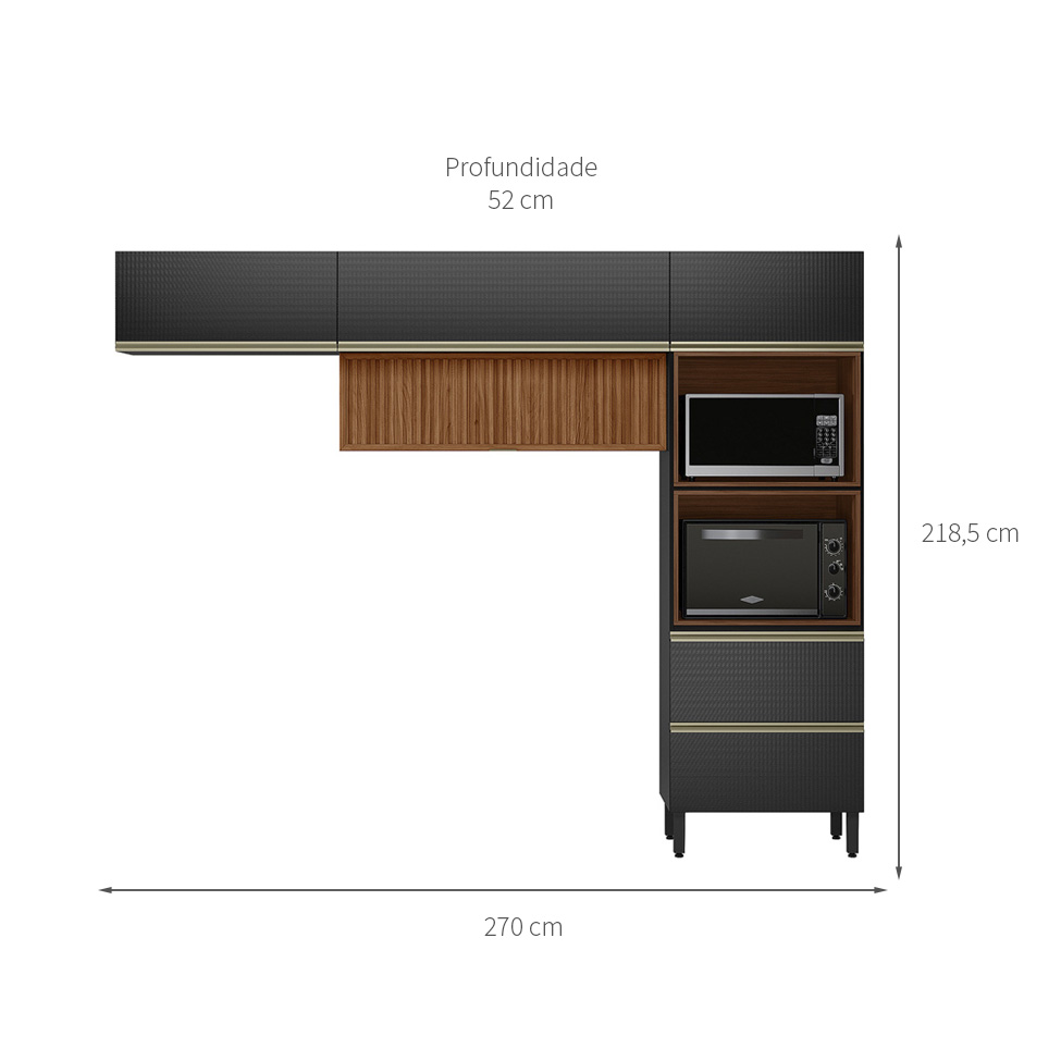Armário de Cozinha Compacta Ripada Proença 5 Portas 1 Gaveta Carbono e Nogueira