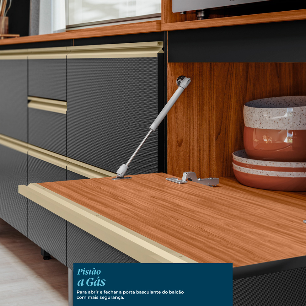 Armário de Cozinha Compacta Ripada Proença 6 Portas 5 Gavetas Carbono e Nogueira