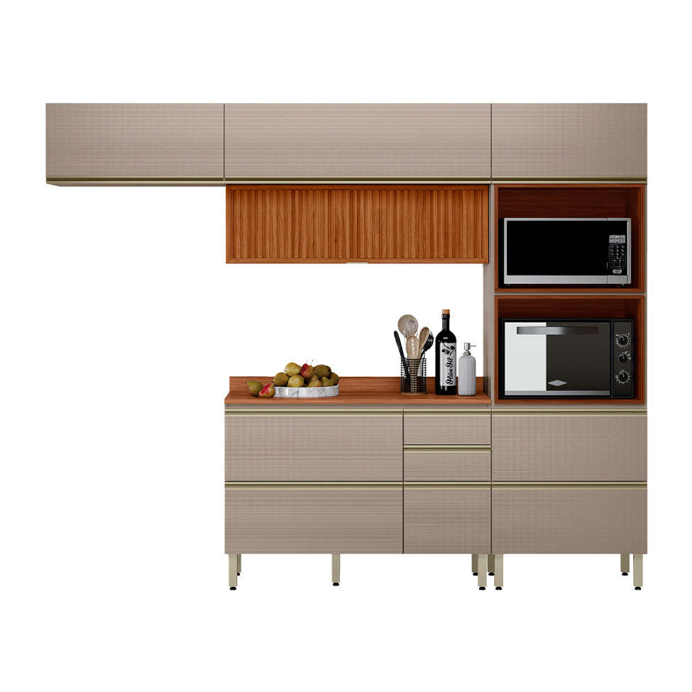 Armário de Cozinha Compacta Ripada Proença 6 Portas 5 Gavetas Nude e Nogueira