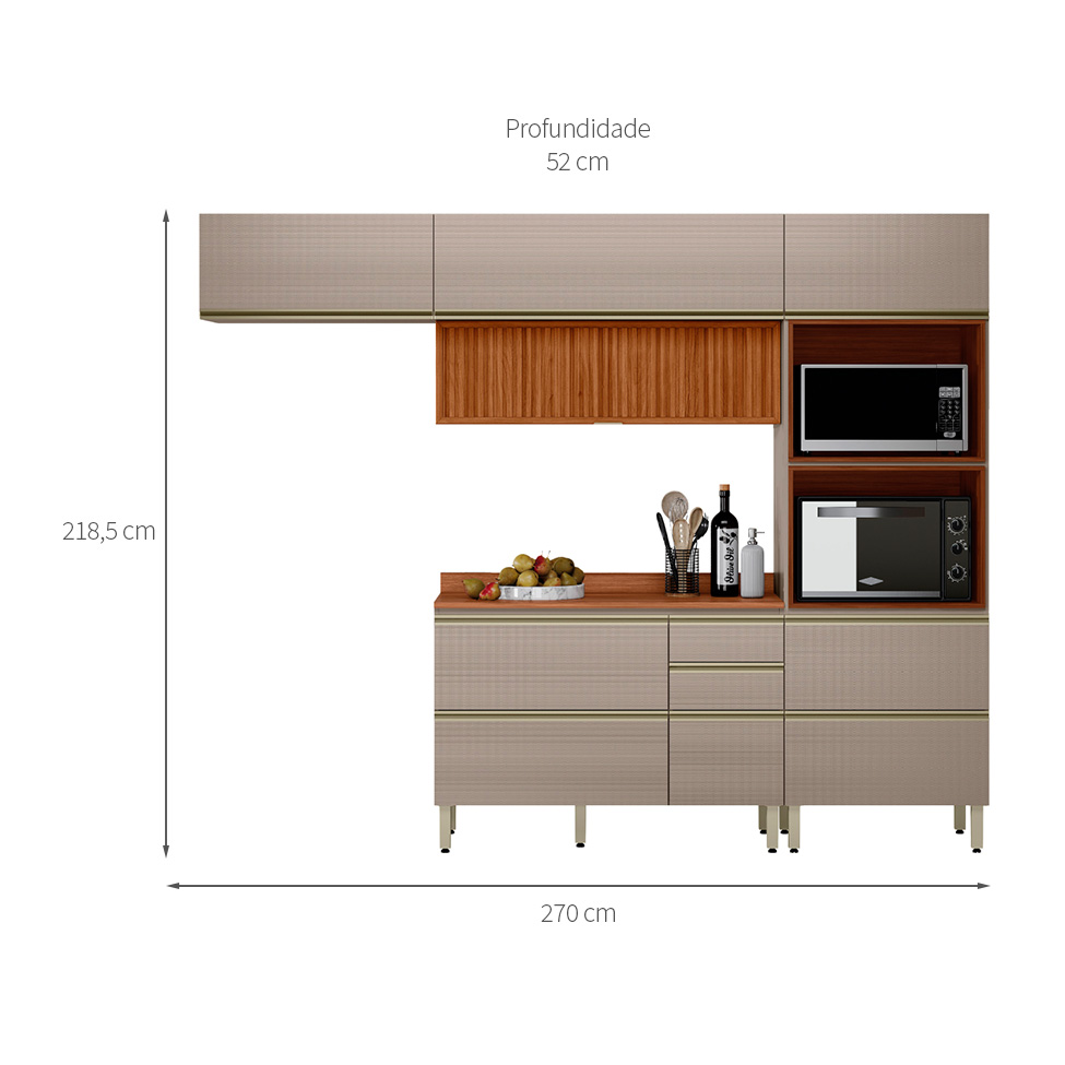 Armário de Cozinha Compacta Ripada Proença 6 Portas 5 Gavetas Nude e Nogueira