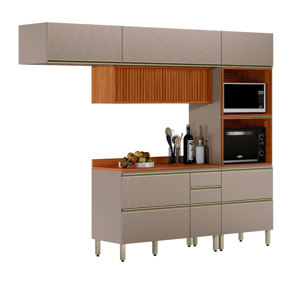 Armário de Cozinha Compacta Ripada Proença 6 Portas 5 Gavetas Nude e Nogueira