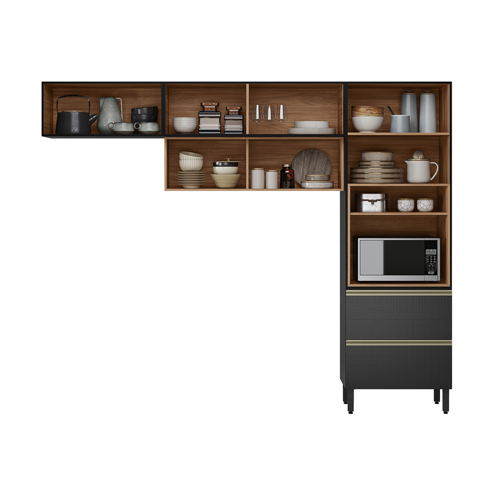 Armário de Cozinha Compacta com 2 Vidros Reflecta Proença 5 Portas 2 Gavetas Nogueira e Carbono
