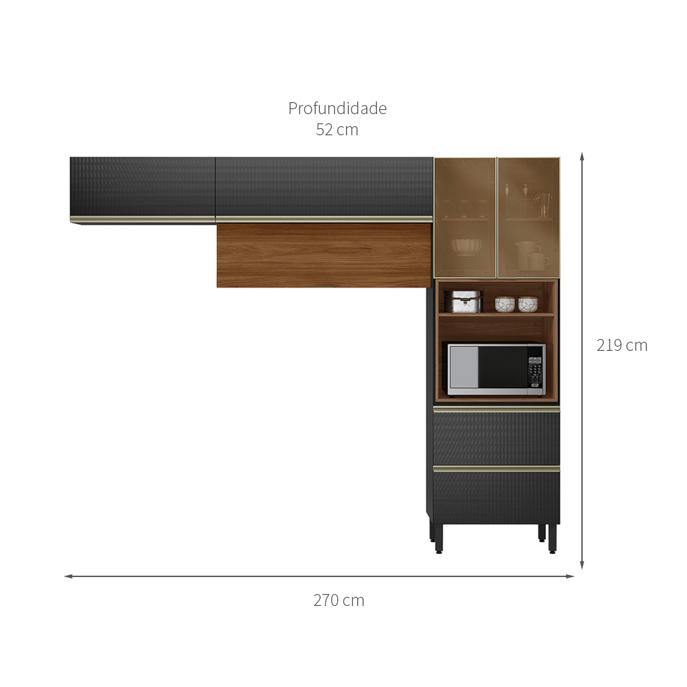 Armário de Cozinha Compacta com 2 Vidros Reflecta Proença 5 Portas 2 Gavetas Nogueira e Carbono