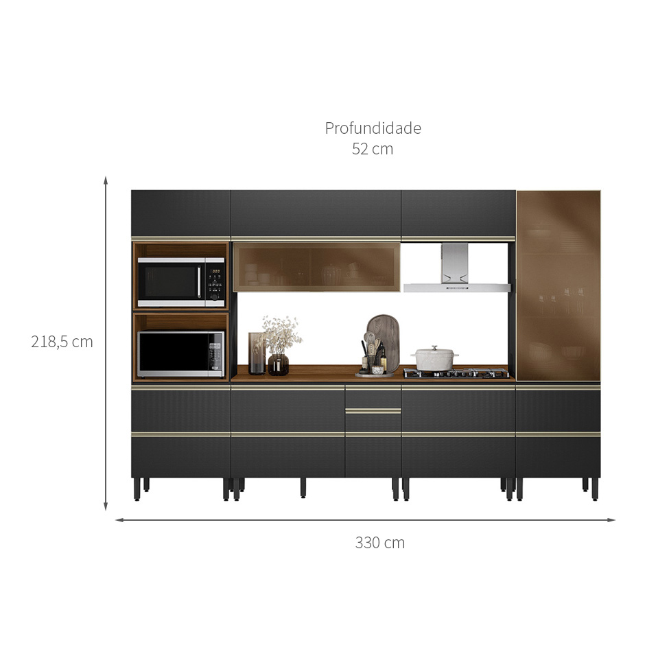 Armário de Cozinha Compacta com 2 Vidros Reflecta Proença 8 Portas 8 Gavetas Carbono e Nogueira