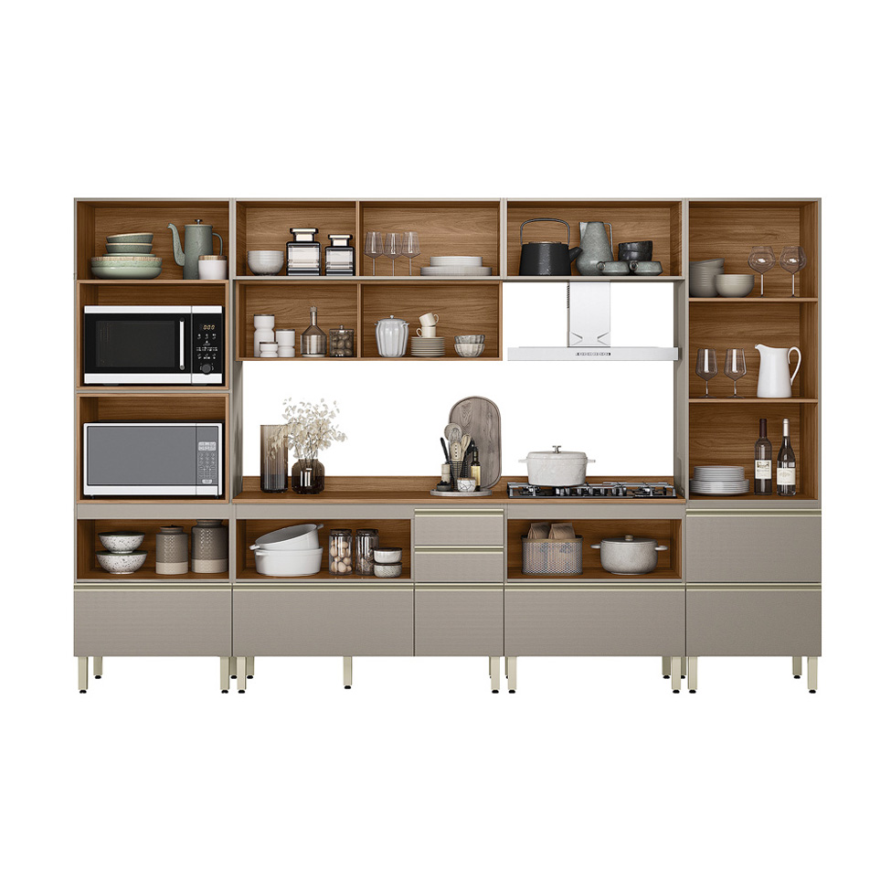 Armário de Cozinha Compacta com 2 Vidros Reflecta Proença 8 Portas 8 Gavetas Nude e Nogueira