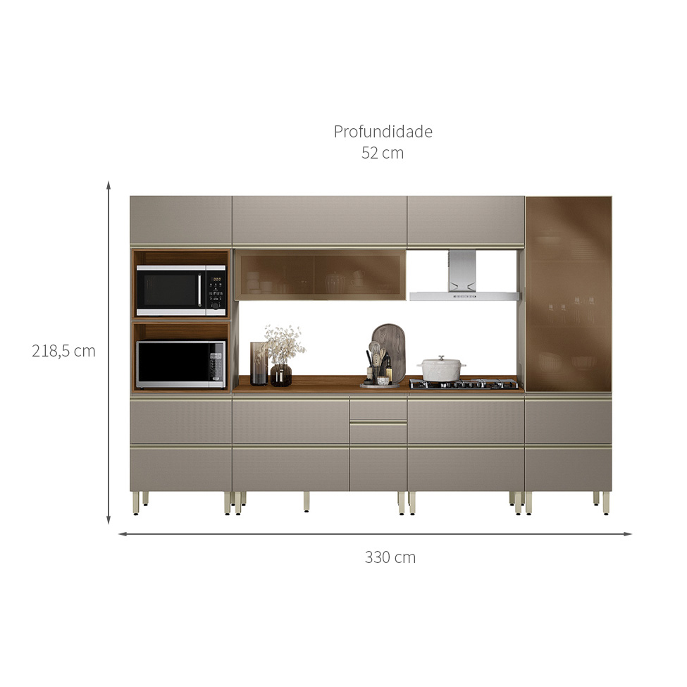 Armário de Cozinha Compacta com 2 Vidros Reflecta Proença 8 Portas 8 Gavetas Nude e Nogueira