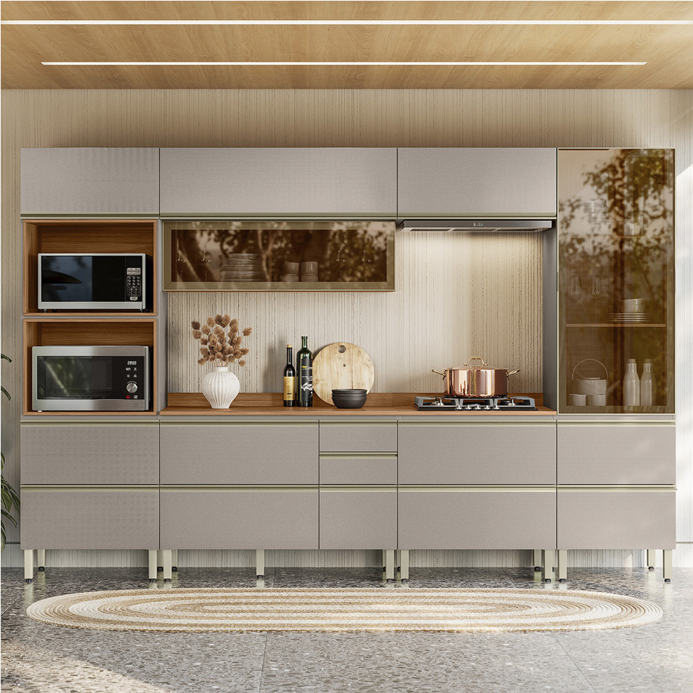 Armário de Cozinha Compacta com 2 Vidros Reflecta Proença 8 Portas 8 Gavetas Nude e Nogueira