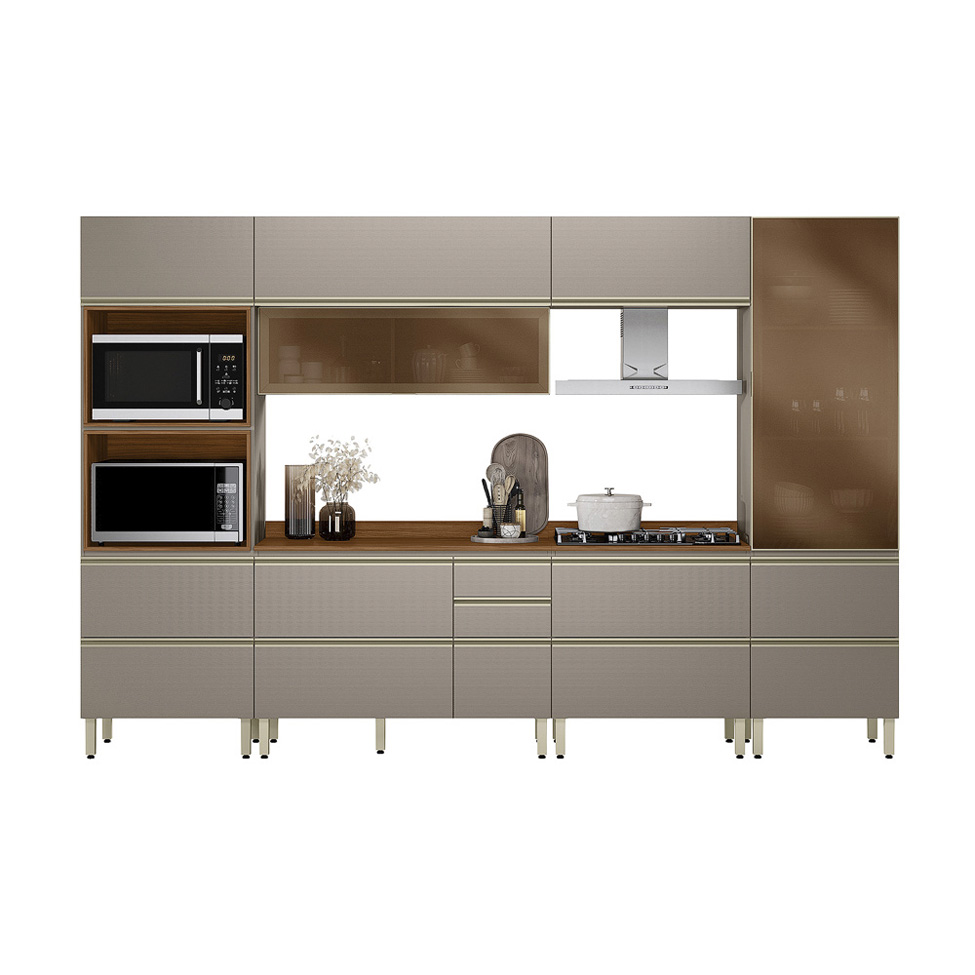 Armário de Cozinha Compacta com 2 Vidros Reflecta Proença 8 Portas 8 Gavetas Nude e Nogueira