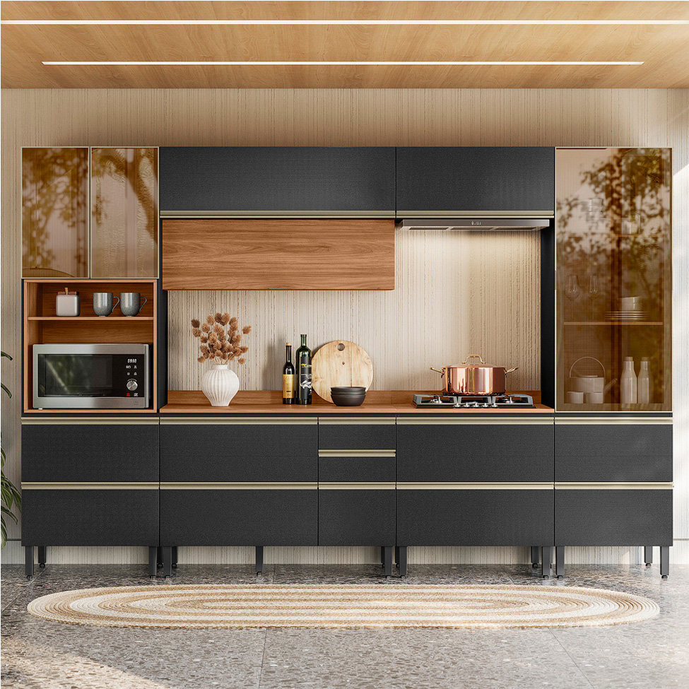 Armário de Cozinha Compacta com 3 Vidros Reflecta Proença 8 Portas 9 Gavetas Carbono e Nogueira