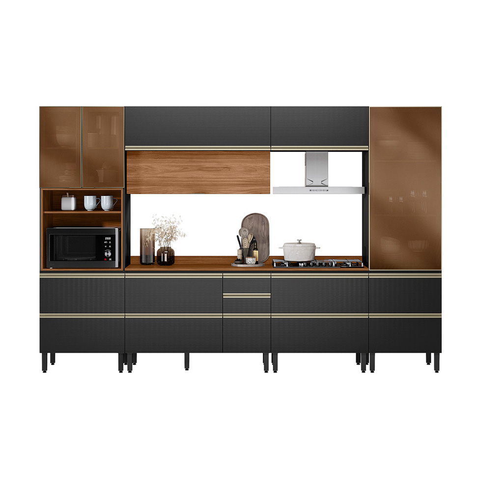Armário de Cozinha Compacta com 3 Vidros Reflecta Proença 8 Portas 9 Gavetas Carbono e Nogueira