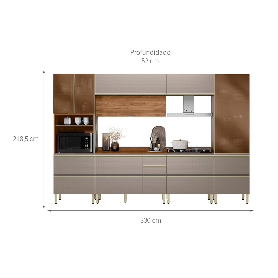 Armário de Cozinha Compacta com 3 Vidros Reflecta Proença 8 Portas 9 Gavetas Nude e Nogueira
